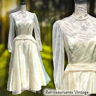 Vintage 1950’s Pinup Peplum Pearl Satin & Lace Wedding Gown Medium • £323.83