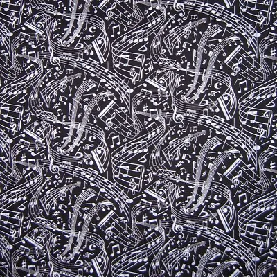 Music Fabric - Gray & White Note Scale Swirl On Black - Timeless Treasures YARD • $10.98