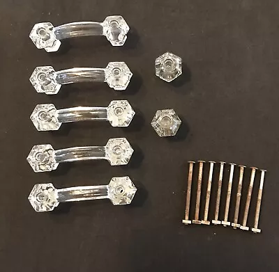 Antique Vintage 5 Glass Drawer  Pulls & 2 Knobs • $29.69