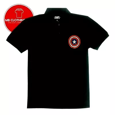 Men's Polo Shirt -CAPTAIN AMERICA-  Shield Logo Black -Stretch Fabric-  NEW • $16.99