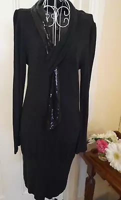 Sao Paulo Black Knit Long Sleeve Dress Sequin Trim Tie At The Neckline • $9.95