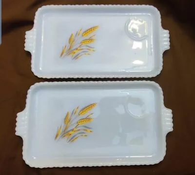 Vintage 1960s Fire King Golden Wheat Snack Plates Pair Pristine Milk Glass • $24.99