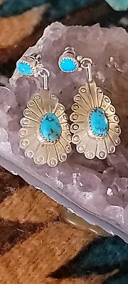 Vintage Native American Navajo Turquoise And Sterling Silver Dangle Earrings ... • $60