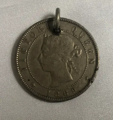 VINTAGE 1869 Jamaica Half Penny Queen Victoria Silver Tone Coin Pendant • £13.79