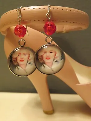 Marilyn Monroe Glass Cabochon Dangle Earrings  Red Faceted Beads • $7.99