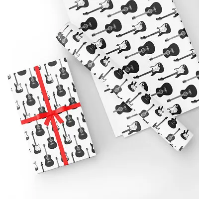 Black & White Guitar Design Gift Wrapping Paper & Matching Tag 50x70cm • £7.50