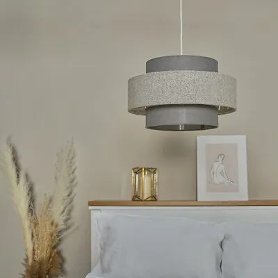 Ceiling Light Shade 2 Tier Cotton Pendant Easy Fit Tiered Lampshade Lamp Lounge • £11.99