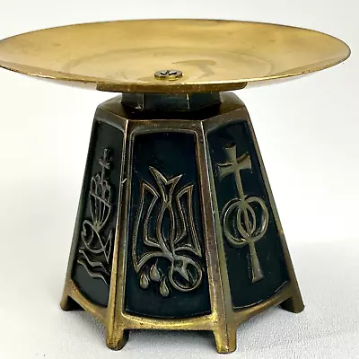 Bronze Altar Candle Holder 1970s Vintage Hexagonal Icthus Dove Deer Symbols • $43