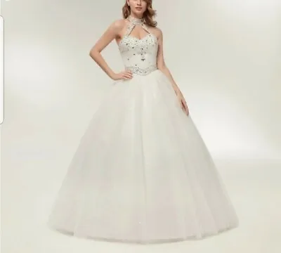 £169.50 • Buy Halter Neck White Crystal A Line Floor Length Sequins Wedding Dress Siz 12 Or 18