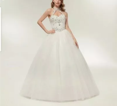 Halter Neck White Crystal A Line Floor Length Sequins Wedding Dress Siz 12 Or 18 • £169.50