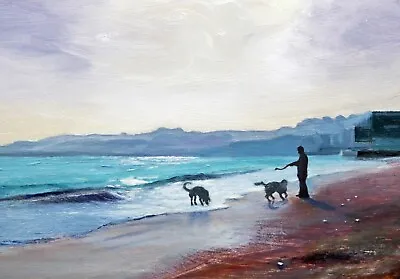 Art Painting Print Seascape Swanage Bay View Of Pier Dorset Dogs  On Beach • £6.99