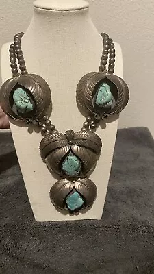 Vintage Navajo Old Pawn Sterling Silver Turquoise Squash Blossom Necklace Rare • $359