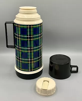 Vintage Thermos Blue Green Yellow Plaid Insulated + Cup Pour Spout 38606  11.5” • $21.99