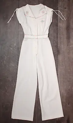 Vtg 70s White Jumpsuit W/ Pastel Embroidered Trim & Floral Details XXS/XS 1970s • $79.99