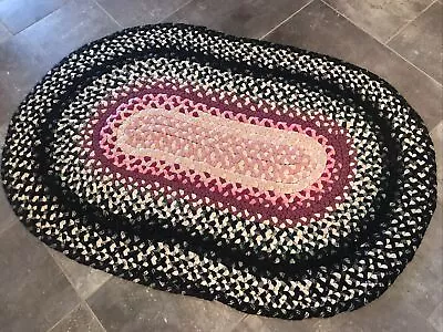 Antique Wool Hand Braided Oval Rug 50 X 34 Depression Era Pink Black Navy • $149