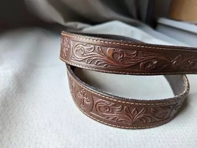 Vintage TOOLED Full Grain WESTERN Leather Belt 36 Brown COWBOY Rodeo • $39.95