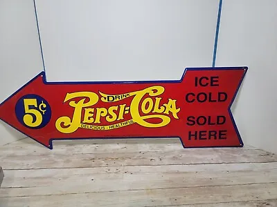 Ice Cold Pepsi-Cola 2005 Arrow Embossed Metal Sign Sold Here Red Yellow 27.5  • $24.99