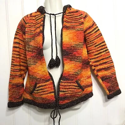 Alpaca Connection Sweater Womens Small Orange Brown Hooded Knit Cardigan USA • $32.53