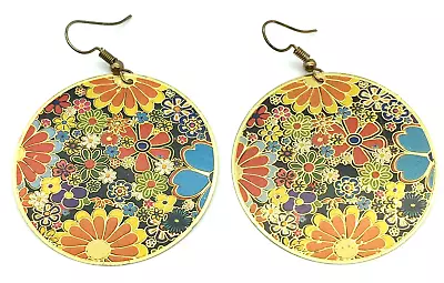 Vintage Enameled Gold Tone Metal Disk Earrings Hippie Flower Pattern Colorful • $5