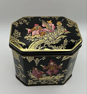 Vintage Black & Gold Metal Tea Tin Box Made In England Music & Birds Christmas • $12.99