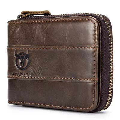 BULLCAPTAIN Cowhide Wallet Leather Bifold Zipper Waterproof Wallet For Men • $17.96