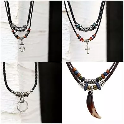 Fashion Men's Bohemia Wolf Tooth Pendant Leather Beaded Weaved Necklace Jewelry • $3.02