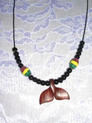 $16.14 • Buy CARVED ROSE WOOD WHALE TAIL PENDANT W RASTA COLOR BEADS ADJUSTABLE NECKLACE