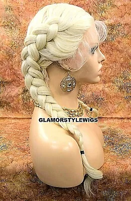 Human Hair Blend Lace Front Full Wig Middle Part Long Braided Platinum Blonde  • $79.95