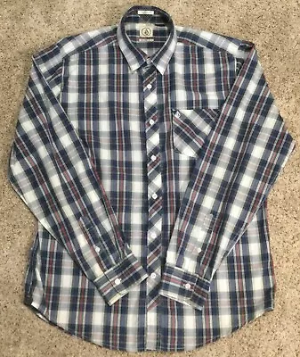 VOLCOM Shirt Mens Large Long Sleeve Button Up Classic Fit Blue/Gray/Red Plaid • $10.97