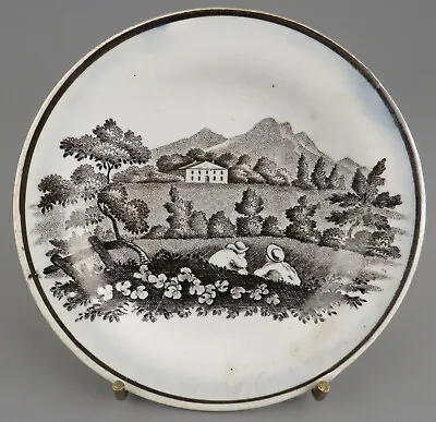 £38 • Buy Antique Pottery Pearlware Black Transfer Brameld Rural Cup Plate 1825