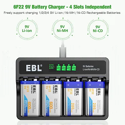 EBL Rechargeable 9V 6F22 Batteries 4-Pack With M7014LW 9V Battery Charger LOT • $41.99