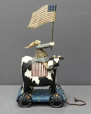 Williraye Studio WW1310 Primitive/Folk Girl W/ Flag On Cow Resin Pull Toy Décor • $39.99