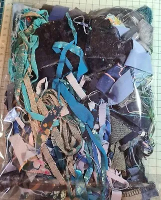 94g Blue Fabric Scraps. Mixed Media Collage Junk Journal Tags Ephemera • £4.25