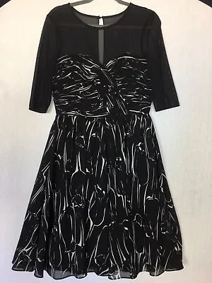 £49.99 • Buy HOBBS INVITATION Size 12 Black Patterned Dress Half Sleeves Lined Pit To Pit 17”