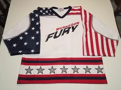 MUSKEGON FURY Game Worn Jersey RYAN CYR Used Stars & Stripes Lumberjacks UHL Chl • $299.99