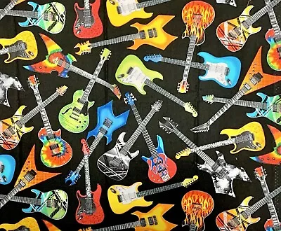 RPNT70f Electric Guitars Rock & Roll Music Flames Band Cool Cotton Quilt Fabric • $4.97