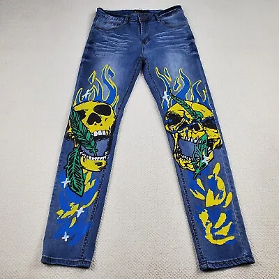 Waimea Skull Jeans Mens Blue 31x30.5 (34x32) Graffiti Painted Skull Skinny Fit • $29.88