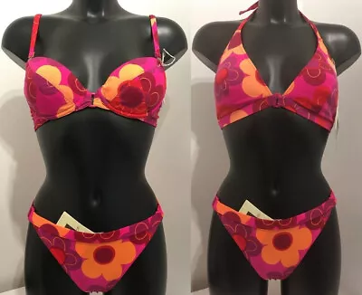 Hot Pink Floral Underwired Bikini Top No Wire Triangle Top & Or Briefs Bottoms • £8.99