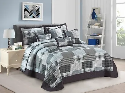 £29.74 • Buy Patchwork Quilted Bedspread King Size Check Decor Bed Throw With Pillow Shams 