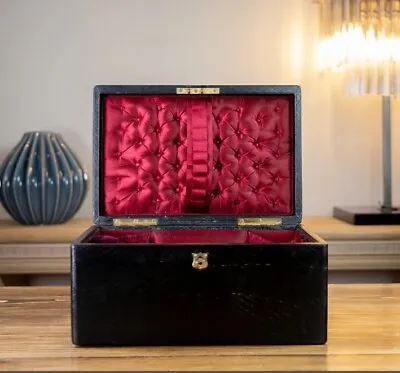 Antique Large Leather Jewellery Box 1880 - With Operating Key • $389