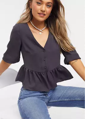 New Look Grey V Neck 3/4 Sleeve Tiered Short Peplum Top 10 New • £9.99