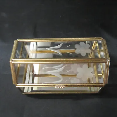 Vintage Trinket Display Box #13 Brass And Glass Etched Flower Chest Trunk Shape • $12