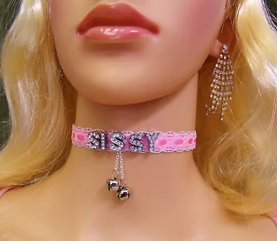 Any Size Personalized Choker Pink Lace Cum Slut Bells BDSM DDLG Plus Sissy Cute • $25.95