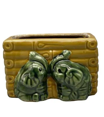 Vintage Majolica Ceramic Elephants & Bamboo Planter Trunks Up 5  X 2  Green Gold • $14.99