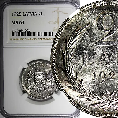 Latvia Silver 1925 2 Lati NGC MS63 2 YEARS TYPE 27mm Royal Mint London KM# 8(2) • $75