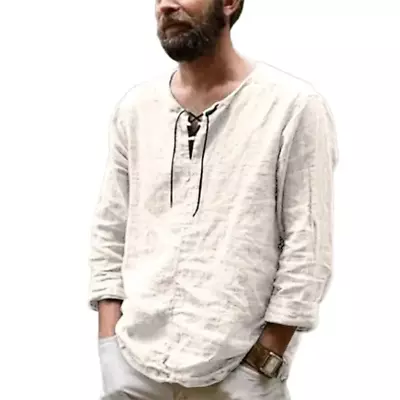 New Fashion Men'S Shirt Long Sleeve Linen Henley T-Shirt Lacing Medieval V Neck  • £15.68