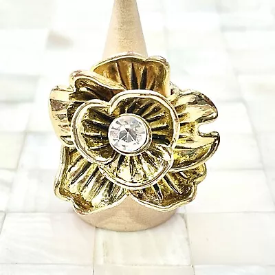 Layered Flower Rhinestone Antiqued Gold Tone Stretch Ring Vintage Strand #6492 • $8.49