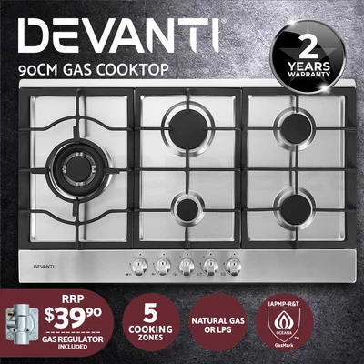 $319.95 • Buy Devanti Gas Cooktop 90cm Kitchen Stove Cooker 5 Burner Stainless Steel NG/LPG