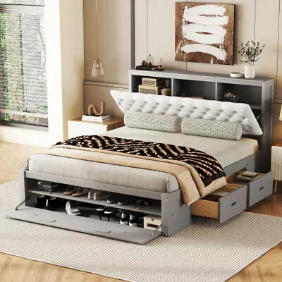 Modern Queen Size Bed Frames With Upholstered Headboard Storage Drawer Shoe Rack • $619.99