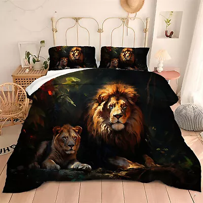 Brown Lions Pattern Comforter Set Forest Animal 3D Print Bedding Quilt Set • $79